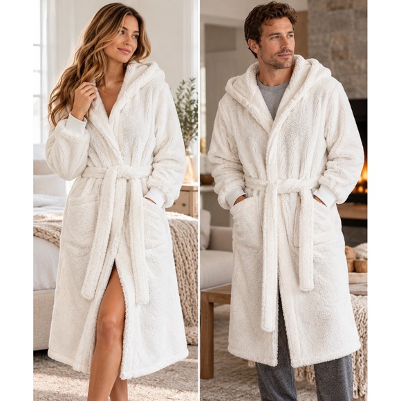 Pottery Barn Other - Pottery Barn Coziest Teddy Robe Small Ivory White Hooded Plush Fleece Belted